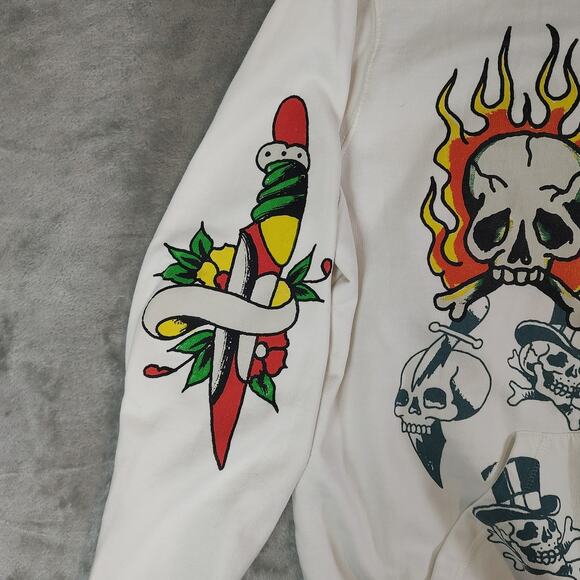 Don Ed Hardy Flame Skull Men's White Full Zip Up Hoodie Size Large - Picture 4 of 10